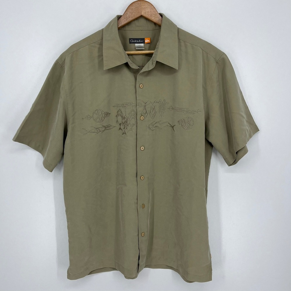 Quiksilver Mens Short Sleeve Button Down Fish Embroidery Olive Green Size L Vtg